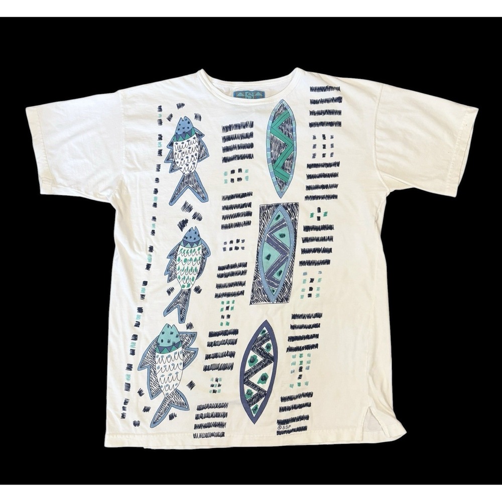 Vintage 90s Segrets Fish Print Tshirt Tee Shirt Size Large